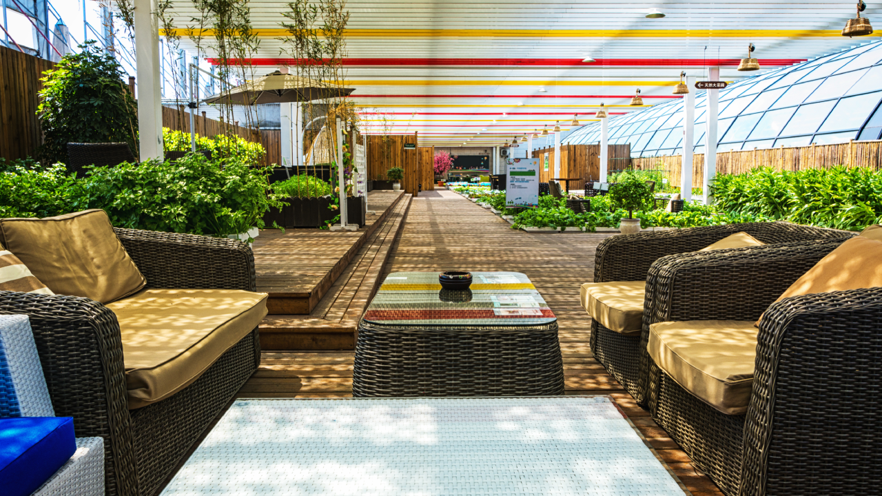 Serene outdoor seating areas surrounded by nature